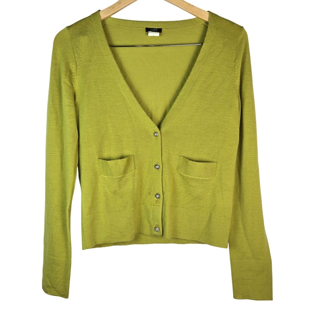 J.Crew Womens Green 100% Merino Wool Cardigan Jeweled Buttons 99545 Size S